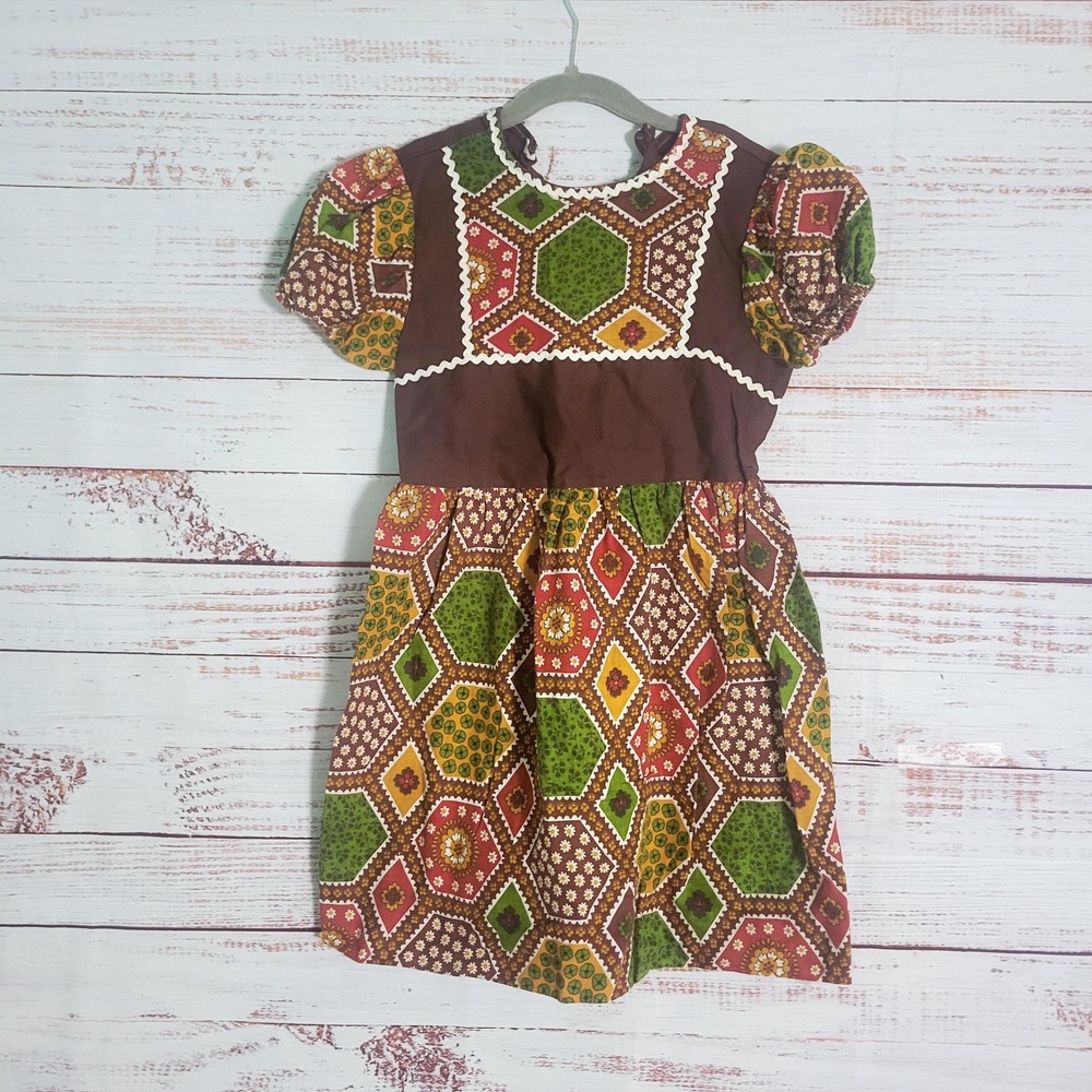 Vintage Girls Patchwork Peasant Dress (Unfinished) 1960s/70s Brown Green Calico